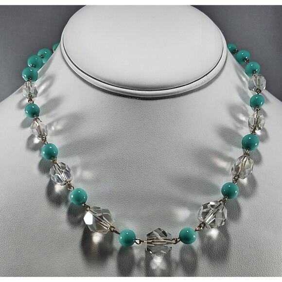 Vintage Art Deco Crystal Bead Necklace Turquoise Lucite 1940s 1950s Hand Cut 17" - Picture 7 of 10
